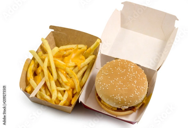 Fototapeta Tasty burger and french fries with yellow cheese, fast food and unhealthy eating concept, fast food snacks isolated in white background top view with clipping path.