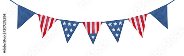 Obraz Sznurek ozdobny trznadel flagi amerykańskiej Ręcznie rysowane akwarelowe farby graficzne na białym tle, izolowany element clipart dla patriotycznego wystroju i projektowania. Kolor granatowy, granatowy i jaskrawoczerwony.