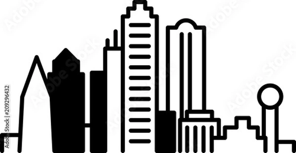 Obraz Simple icon illustration of the skyline of the city of Dallas, Texas, USA in black and white.