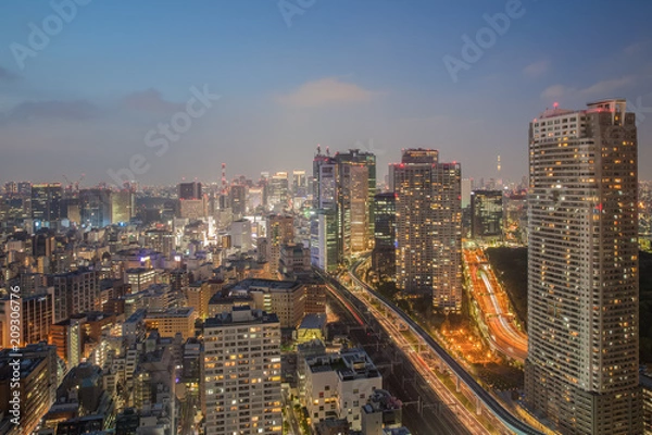 Fototapeta Night view of Tokyo city with high building and expressway