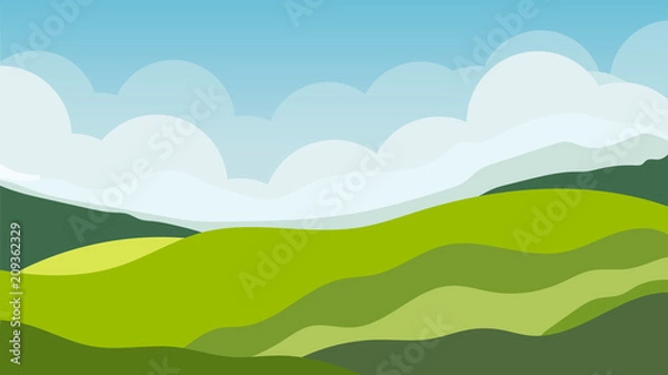 Fototapeta Valley landscape with mountains, hills, clouds and sky. Vector illustration.
