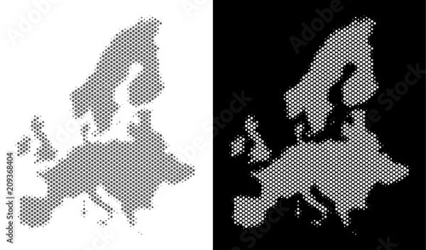 Fototapeta Halftone circle spot European Union map. Vector geographical maps in gray and white colors on white and black backgrounds. Abstract pattern of European Union map designed of circle dots.