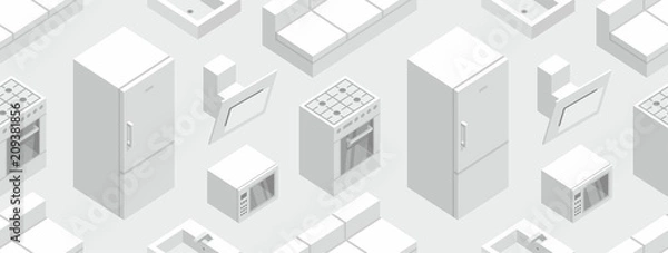 Obraz Seamless pattern with Isometric Kitchen Furniture, flat style. isolated on gray background