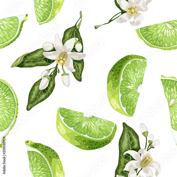 Obraz Seamless pattern in green and marine colors with lime slices and citrus lemon flowers