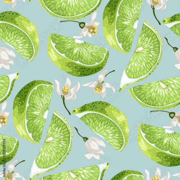 Obraz Seamless pattern in green and marine colors with lime slices and citrus lemon flowers