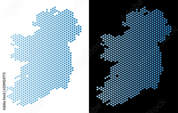 Fototapeta Hexagonal Ireland Island map. Vector geographic plan in light blue color with horizontal gradient on white and black backgrounds. Abstract Ireland Island map mosaic is composed from hexagon dots.