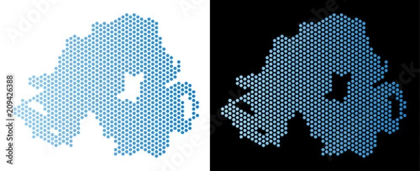 Obraz Hex Tile Northern Ireland map. Vector territorial plan in light blue color with horizontal gradient on white and black backgrounds. Abstract Northern Ireland map mosaic is designed with hexagon spots.