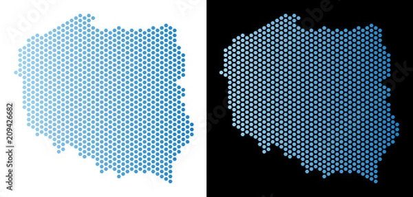 Obraz Mapa Polski Hex Tile. Geograficzny schemat wektora w jasnoniebieskim kolorze z poziomym gradientem na białym i czarnym tle. Abstrakcyjna mozaika mapy Polski została zaprojektowana z elementów typu plaster miodu.