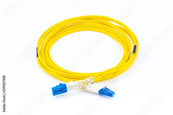 Fototapeta Fiber optics single mode patch cord LC to LC connector, isolated on white background