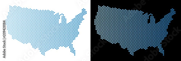 Fototapeta Hex Tile USA map. Vector geographic scheme in light blue color with horizontal gradient on white and black backgrounds. Abstract USA map mosaic is containing hex tile spots.