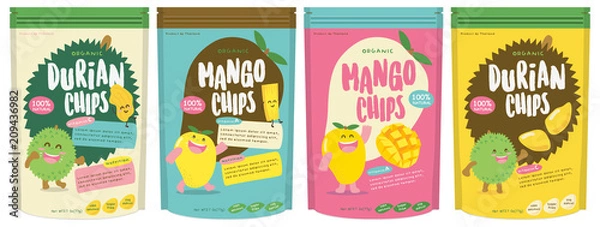 Obraz Cute Durian and Mango Fruits Packaging Design Vector