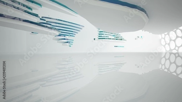 Fototapeta Abstract white and colored gradient glasses interior multilevel public space with window. 3D illustration and rendering.