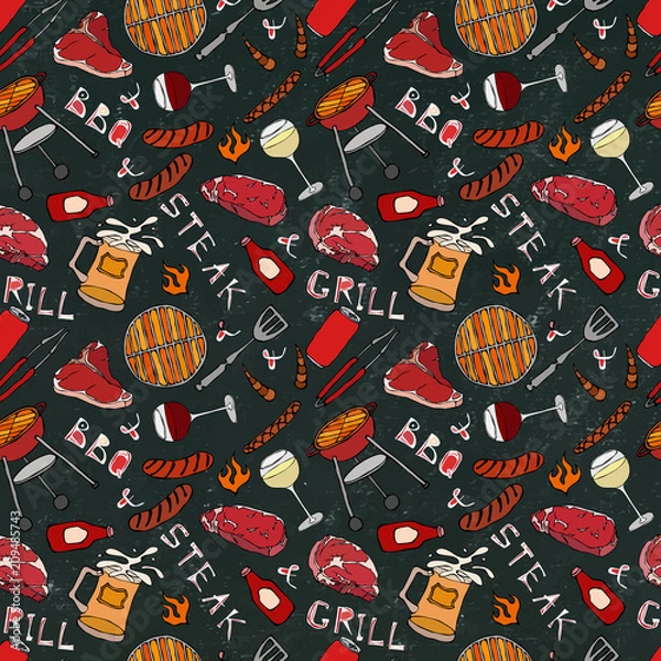 Fototapeta Seamless Pattern of Summer BBQ Grill Party. Glass of Red, White VineSteak, Sausage, Barbeque Grid, Tongs, Fork. Black Board Background and Chalk. Hand Drawn Vector Illustration. Savoyar Doodle Style.