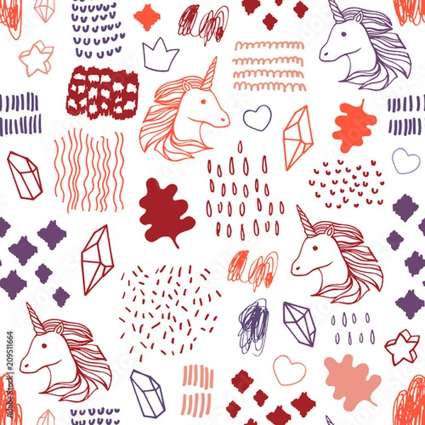 Fototapeta Seamless pattern with unicorns and magic items.