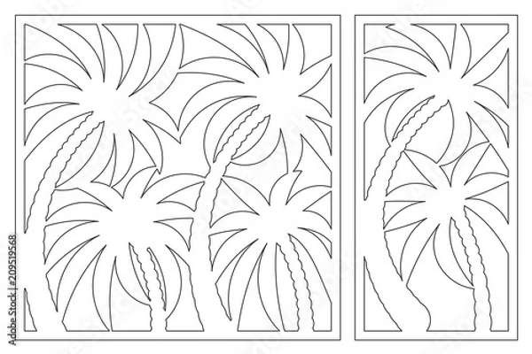Fototapeta Set decorative card for cutting. Palm leaf pattern. Laser cut panel. Ratio 1:1, 1:2. Vector illustration.
