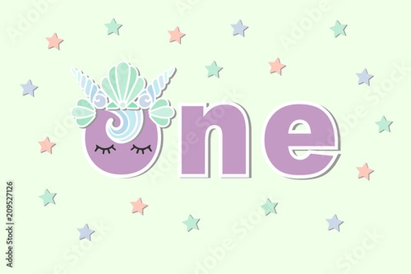 Fototapeta Vector illustration One with Mermaid's Sea Shells Crown. Template for Baby Birthday, party invitation, greeting card, t-shirt design. Cute One as First year anniversary logo, patch, sticker.