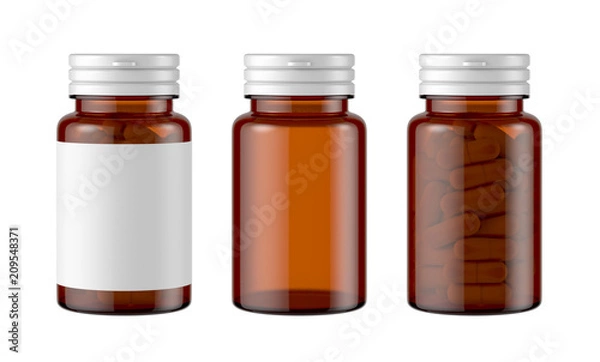 Fototapeta Brown medicine bottle isolated on white background, 3d rendering