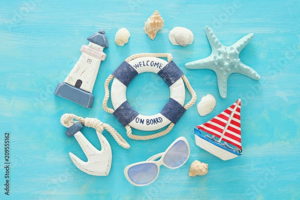 Fototapeta Tropical vacation and summer travel image with sea life style objects. Top view.