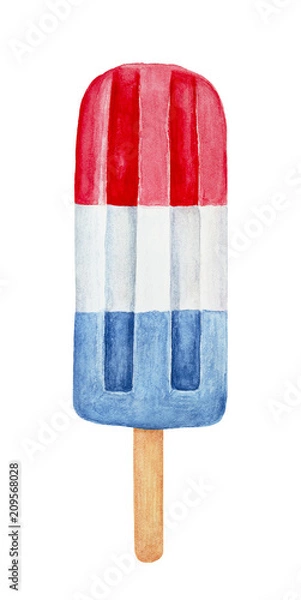 Obraz Czerwony, biały i niebieski patriotyczny popsicle na drewnianym patyku. Ręcznie rysowane kolor wody rysunek na białym, izolowanym elemencie clipart dla projektu. Dzień Pamięci, Dzień Flagi, 4 lipca, słodka dekoracja Święta Pracy.
