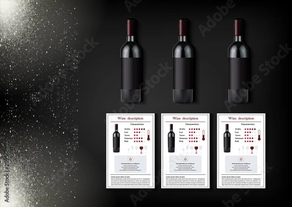 Fototapeta A simple design of realistic bottles of wine and wine cards with descriptions and characteristics of the wine on a black background with sparkling sparkles.Vector illustration in photorealistic style.
