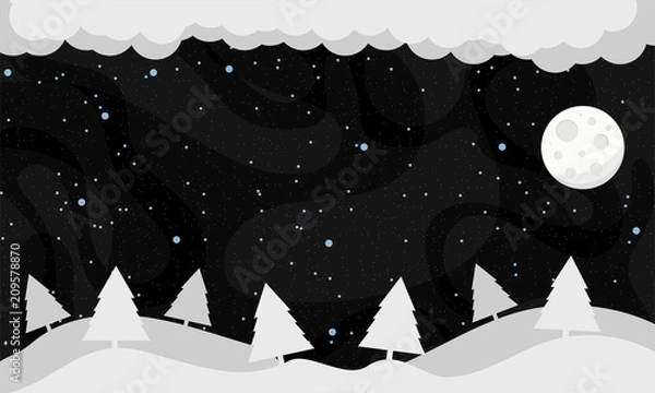 Fototapeta Winter landscape with falling snow and moon. Vector illustration.
