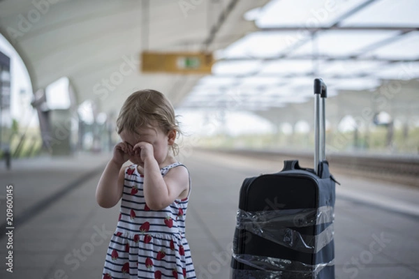 Fototapeta  little sweet girl with a large travel suitcase on a deserted railway perone cries and a third eye.