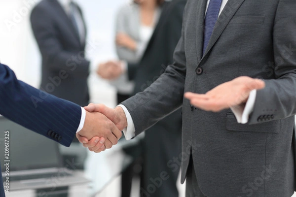 Fototapeta Business partners handshaking over business objects on workplace