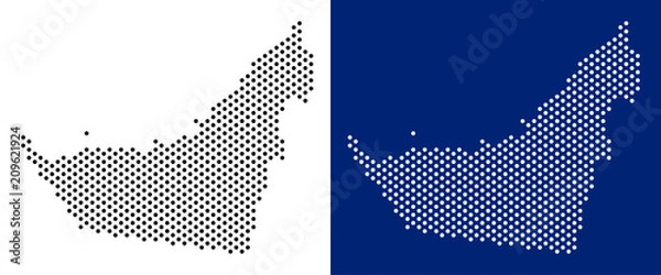 Obraz Pixel Arab Emirates map. Vector geographic map on white and blue backgrounds. Vector composition of Arab Emirates map composed of circle dots.