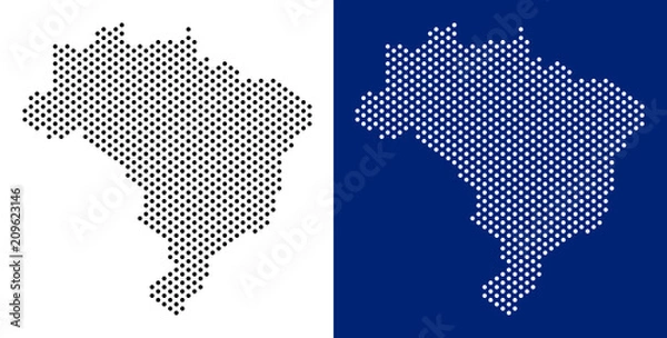 Fototapeta Pixel Brazil map. Vector geographic map on white and blue backgrounds. Vector concept of Brazil map composed with sphere items.