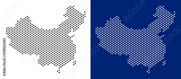 Fototapeta Dot China map. Vector geographic map on white and blue backgrounds. Vector composition of China map done from circle elements.