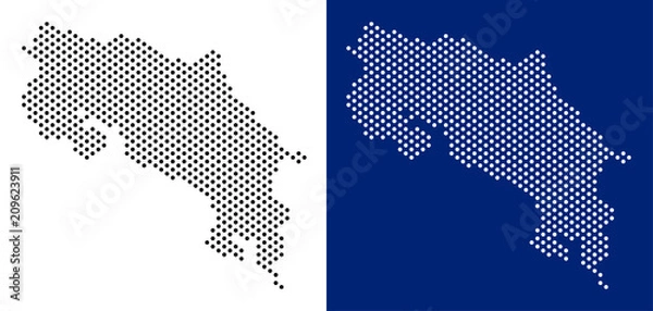 Fototapeta Pixel Costa Rica map. Vector geographic map on white and blue backgrounds. Vector mosaic of Costa Rica map composed of round dots.