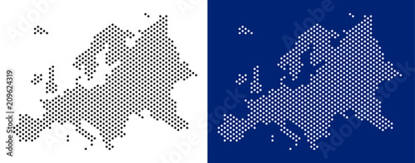Obraz Kropkowana mapa Europy. Geograficzna mapa wektorowa na białym i niebieskim tle. Koncepcja wektorowa mapy Europy zbudowanej z okrągłych punktów.