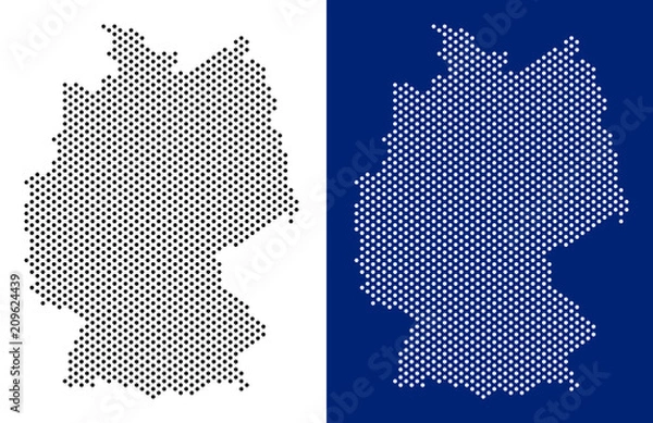 Fototapeta Dot Germany map. Vector geographic map on white and blue backgrounds. Vector composition of Germany map made with sphere dots.