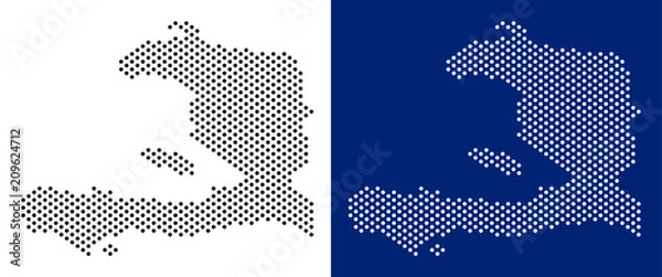 Obraz Dotted Haiti map. Vector geographic map on white and blue backgrounds. Vector mosaic of Haiti map done from sphere points.
