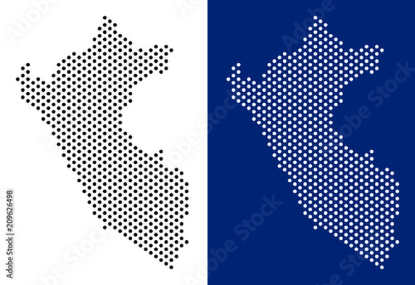 Fototapeta Dot Peru map. Vector geographic map on white and blue backgrounds. Vector mosaic of Peru map created of spheric blots.