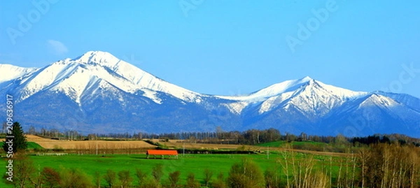 Fototapeta 北海道、美瑛町の水沢ダムより見る十勝岳連峰の雪渓風景