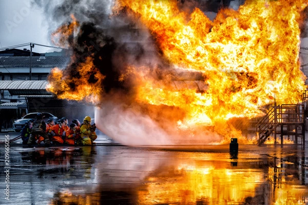 Fototapeta firefighter training., fireman using water and extinguisher to fighting with fire flame in an emergency situation., under danger situation all firemen wearing fire fighter suit for safety.