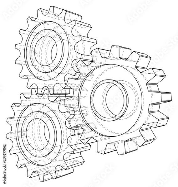 Fototapeta Cogs and Gears. Vector rendering of 3d. Wire-frame style.