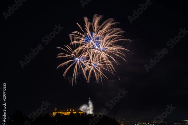 Fototapeta Beautiful colorful firework in city Brno on Spilberk