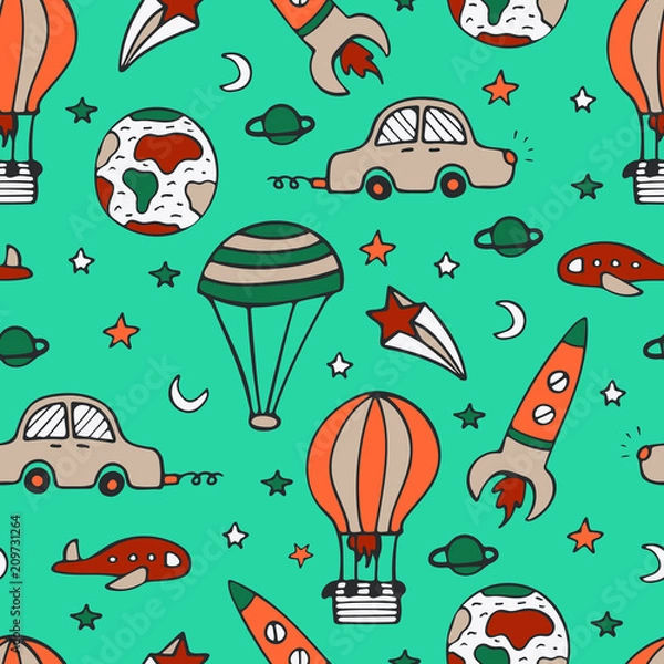 Fototapeta Bright seamless pattern for design with car, a rocket and balloons.