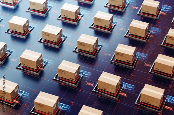 Obraz Paczki są transportowane w zaawansowanych technologicznie ustawieniach, zakupy online, koncepcja automatycznego zarządzania logistyką.