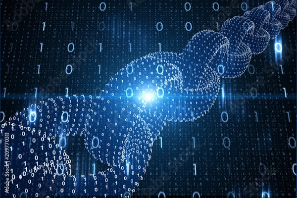 Fototapeta Futuristic blockchain chain with binary numbers on cryptocurrency binary numbers network illustration background. 