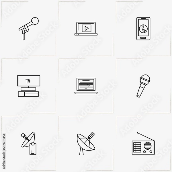 Fototapeta Media line icon set with laptop, smart phone and radio receiver
