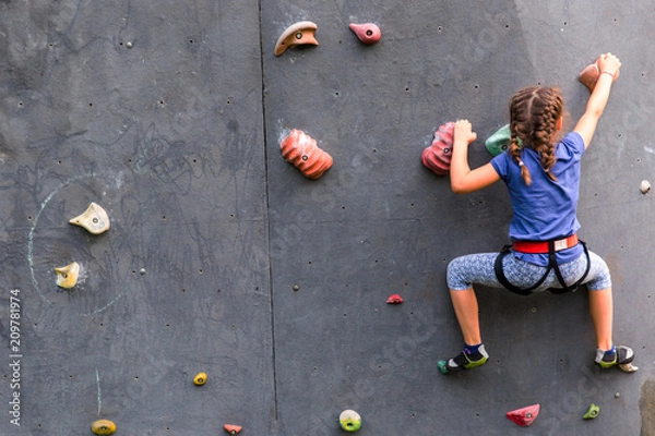 Fototapeta Beautiful young girl climbing to big artificial wall