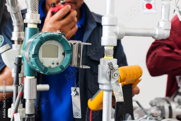 Fototapeta Engineer testing process, Industrial measurement sensor, Temperature transmitter, engineering working concept