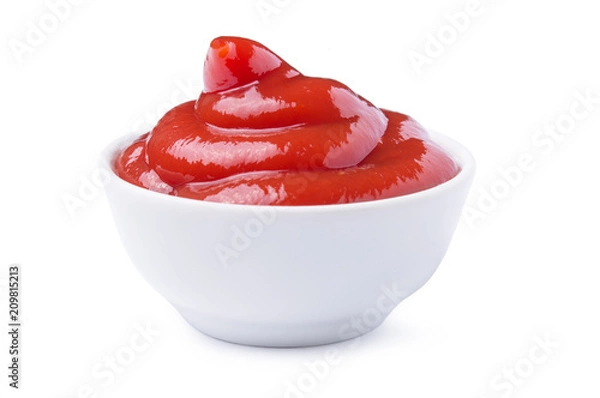 Fototapeta Red tasty ketchup or tomato sauce in bowl isolated on white background