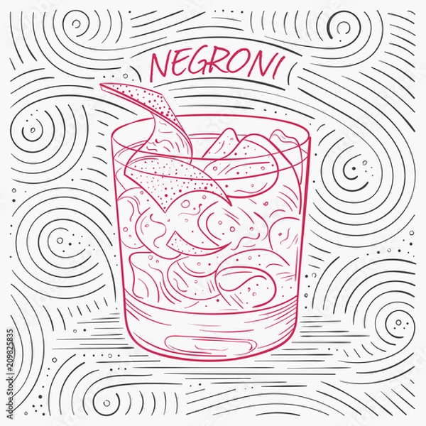 Fototapeta Letnia Karta Z Napisem - Negroni. Odręczny Wzór Bączek Z Koktajlem W Szkle.