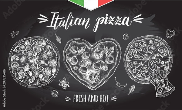 Fototapeta Zestaw pizzy. Kuchnia włoska. Atrament ręcznie rysowane ilustracji wektorowych. Widok z góry. Element żywności do projektowania menu.