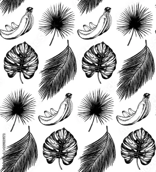 Fototapeta Tropical seamless pattern in vector.Exotic palm leaves and fruits background. Jungle foliage illustration. Hand sketch.