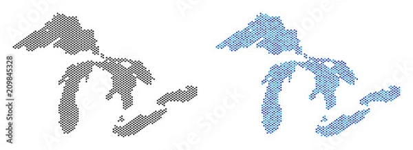 Obraz Pixelated Great Lakes map variants. Vector territory plans in black color and blue color tints. Abstract collage of Great Lakes map done from small circle dot pattern.